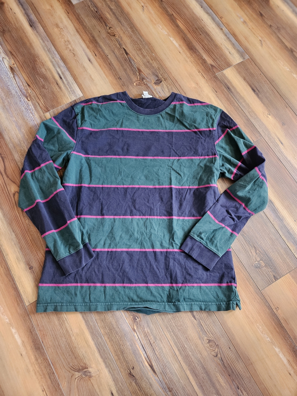 H&M Long Sleeve Striped Crewneck — Dark Green, Black & Pink